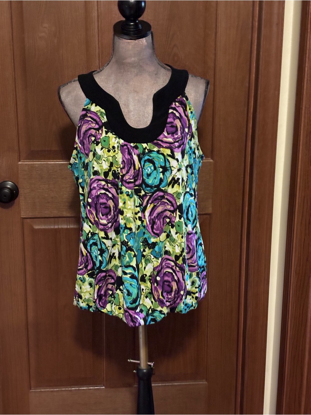 Floral Scoop Neck Camisole in Purple & Teal with Black Trim